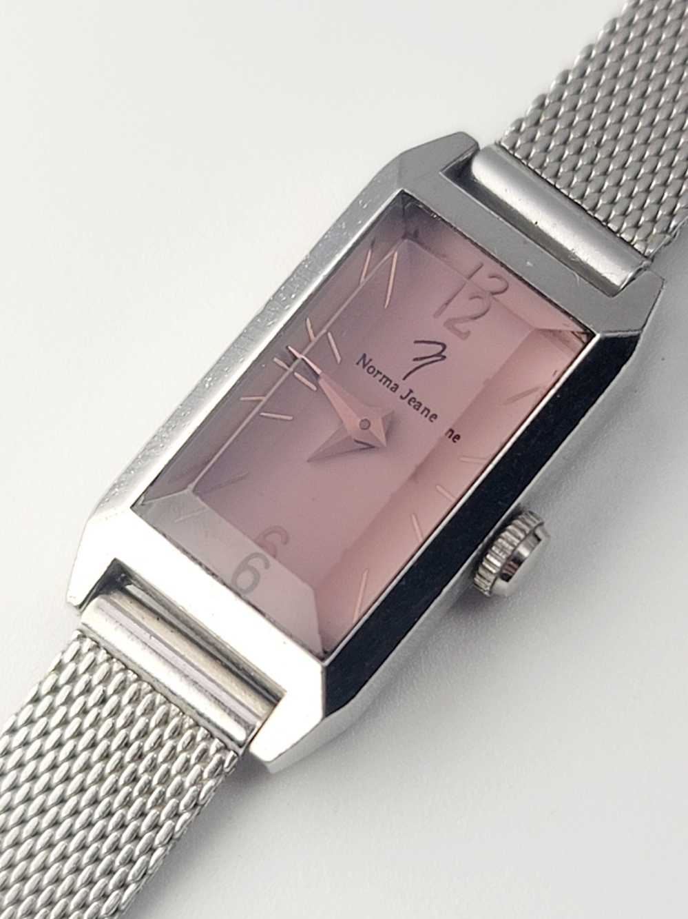 Vintage Norma Jeane N.J.-8011 Women's Pink Dial Tank Watch Quartz Mesh Band